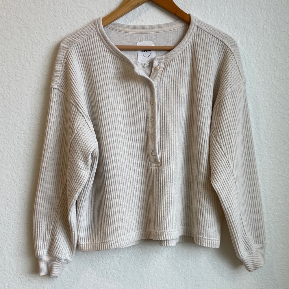 AERIE • Cream Ribbed Long Sleeve Henley Top • XS (oversized)